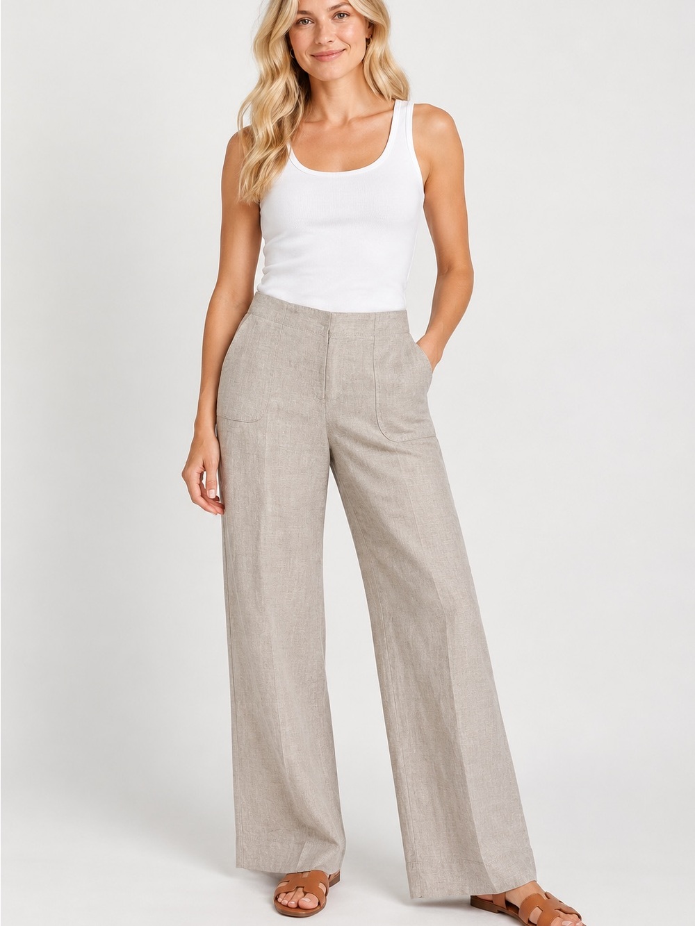 J. Jill Wide-Leg 100% Linen Trouser Pants in Light Beige Casual Coastal Size 14